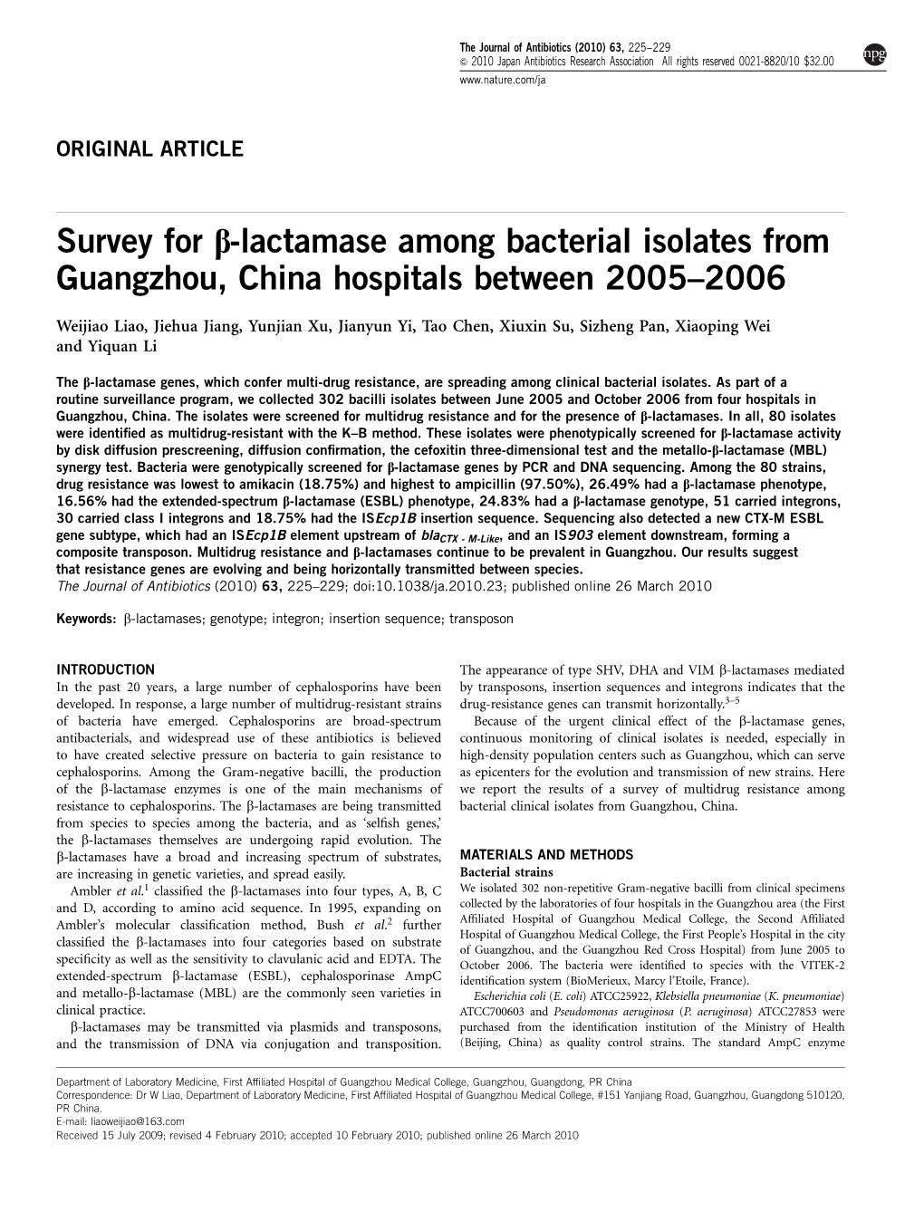 Survey for Β-Lactamase Among Bacterial Isolates from Guangzhou