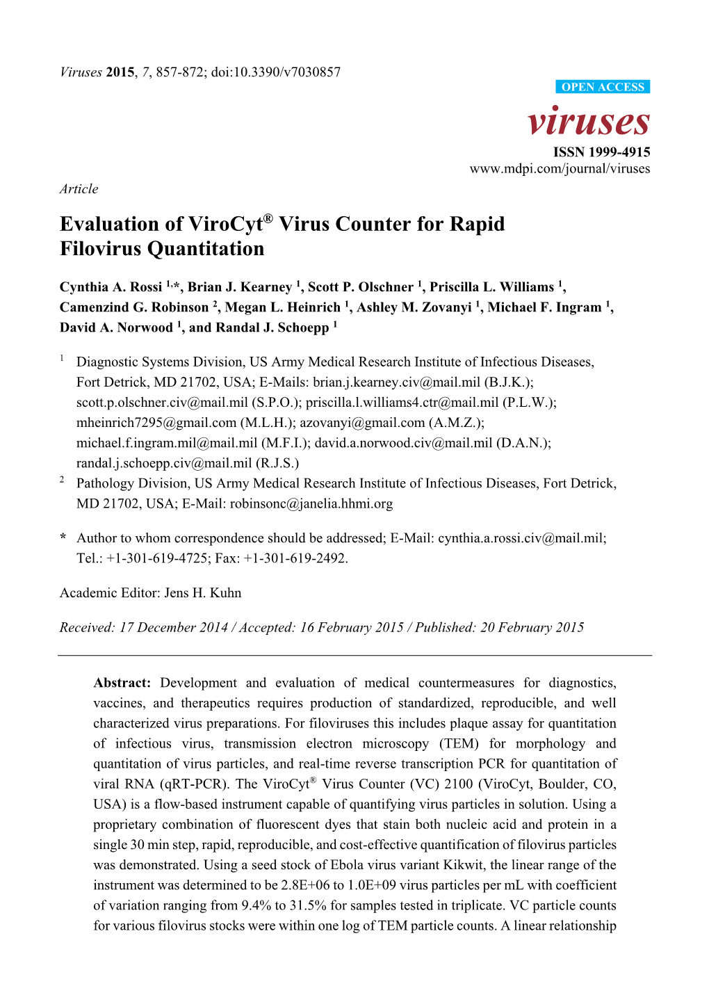 Evaluation of Virocyt® Virus Counter for Rapid Filovirus Quantitation