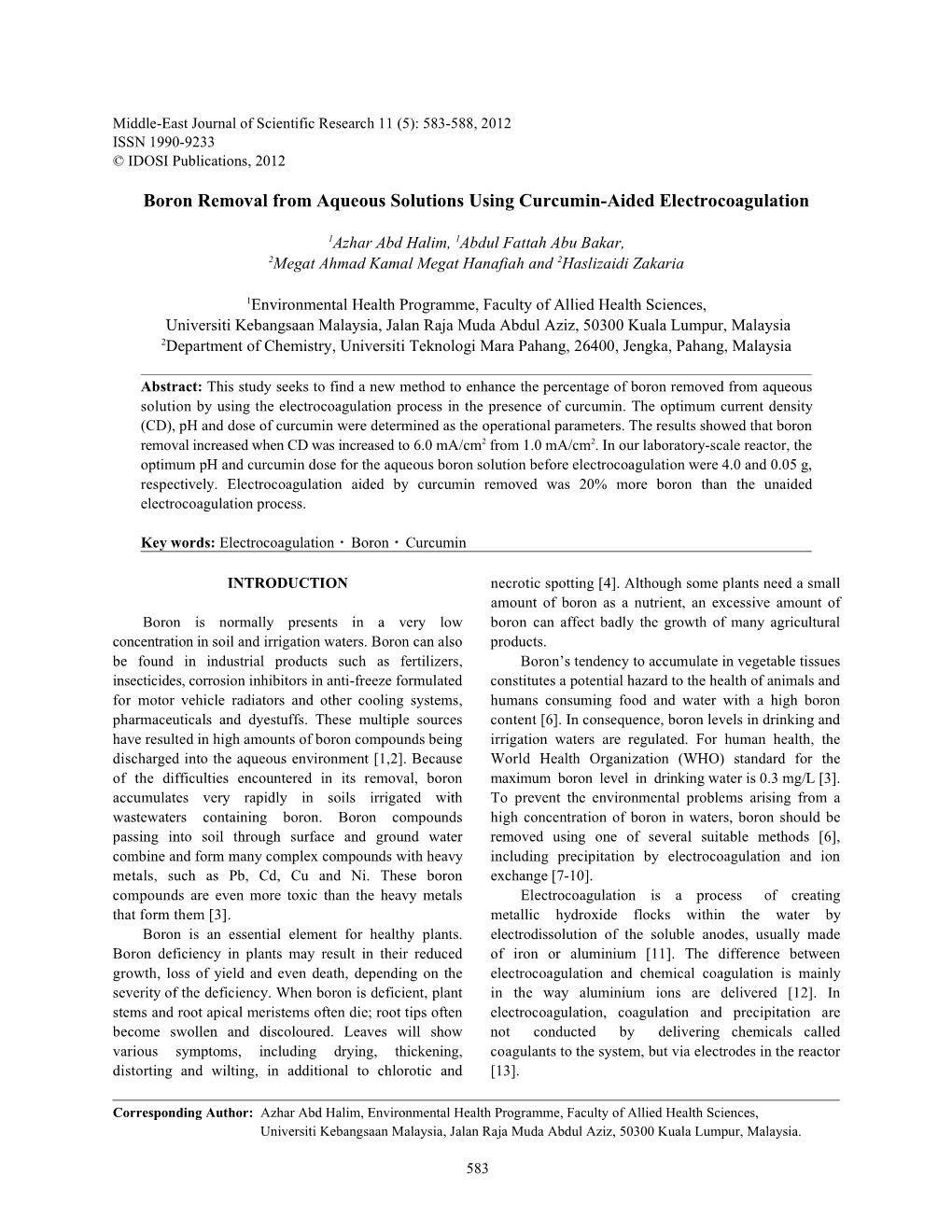 Boron Removal from Aqueous Solutions Using Curcumin-Aided Electrocoagulation