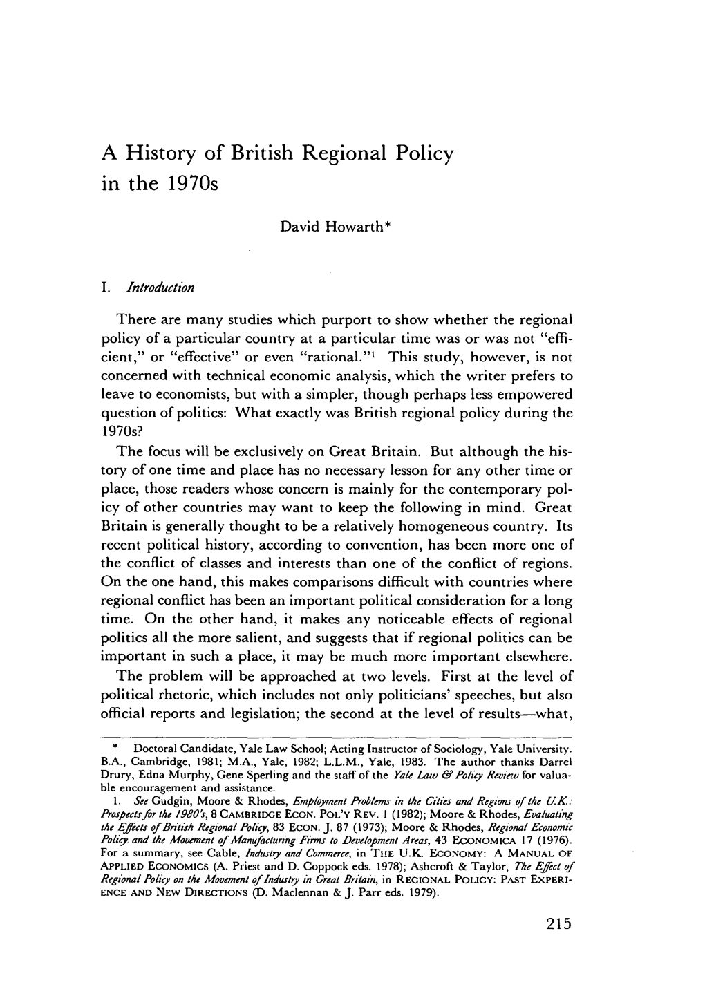 A History of British Regional Policy in the 1970S