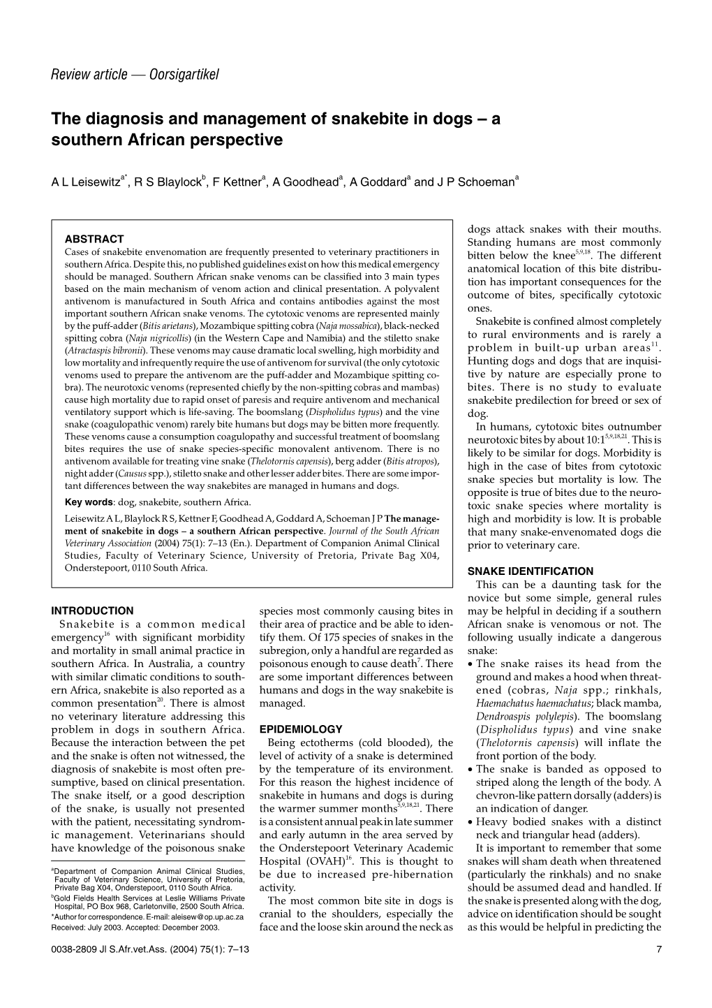 The Diagnosis and Management of Snakebite in Dogs – a Southern African Perspective