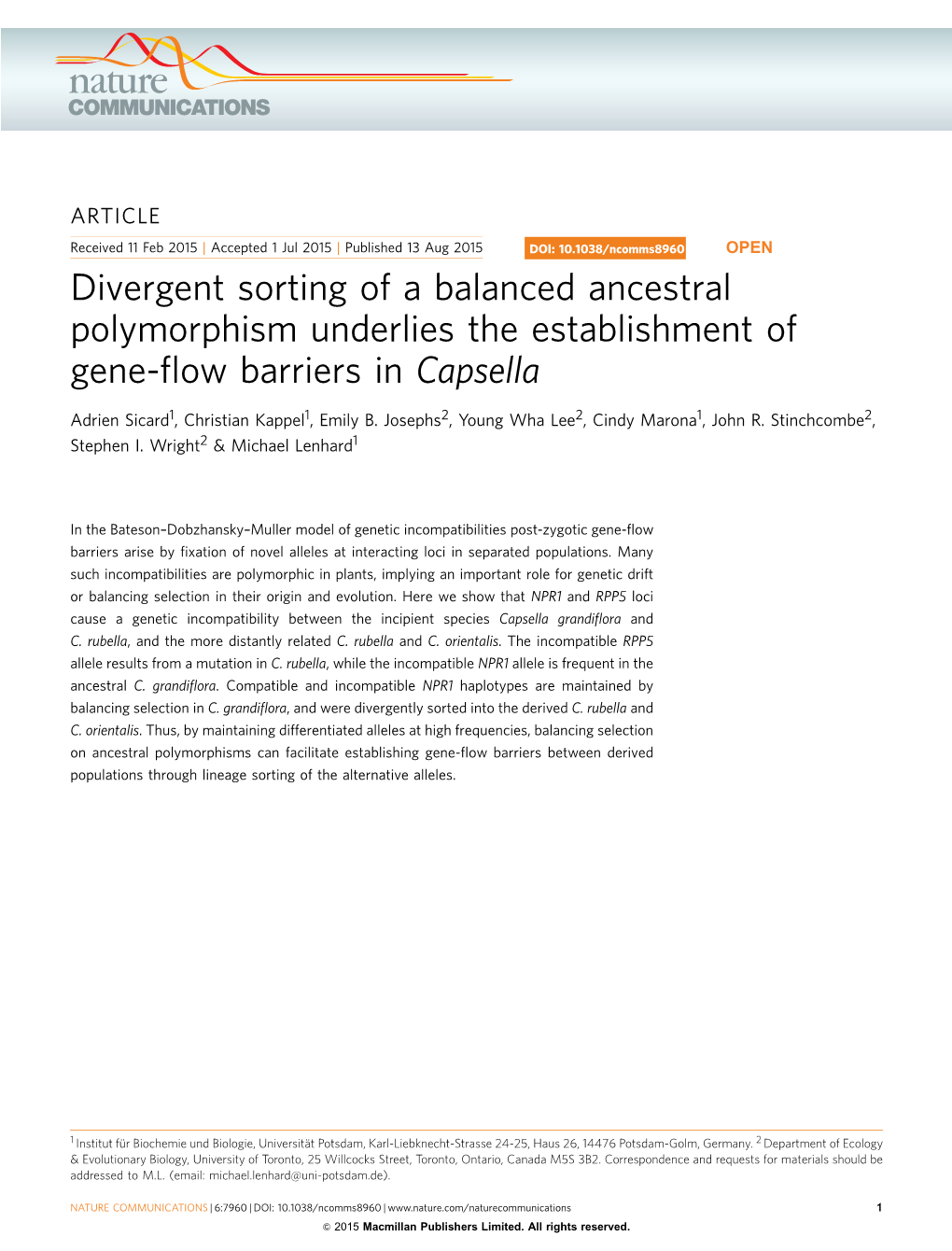 Divergent Sorting of a Balanced Ancestral Polymorphism Underlies the Establishment of Gene-ﬂow Barriers in Capsella