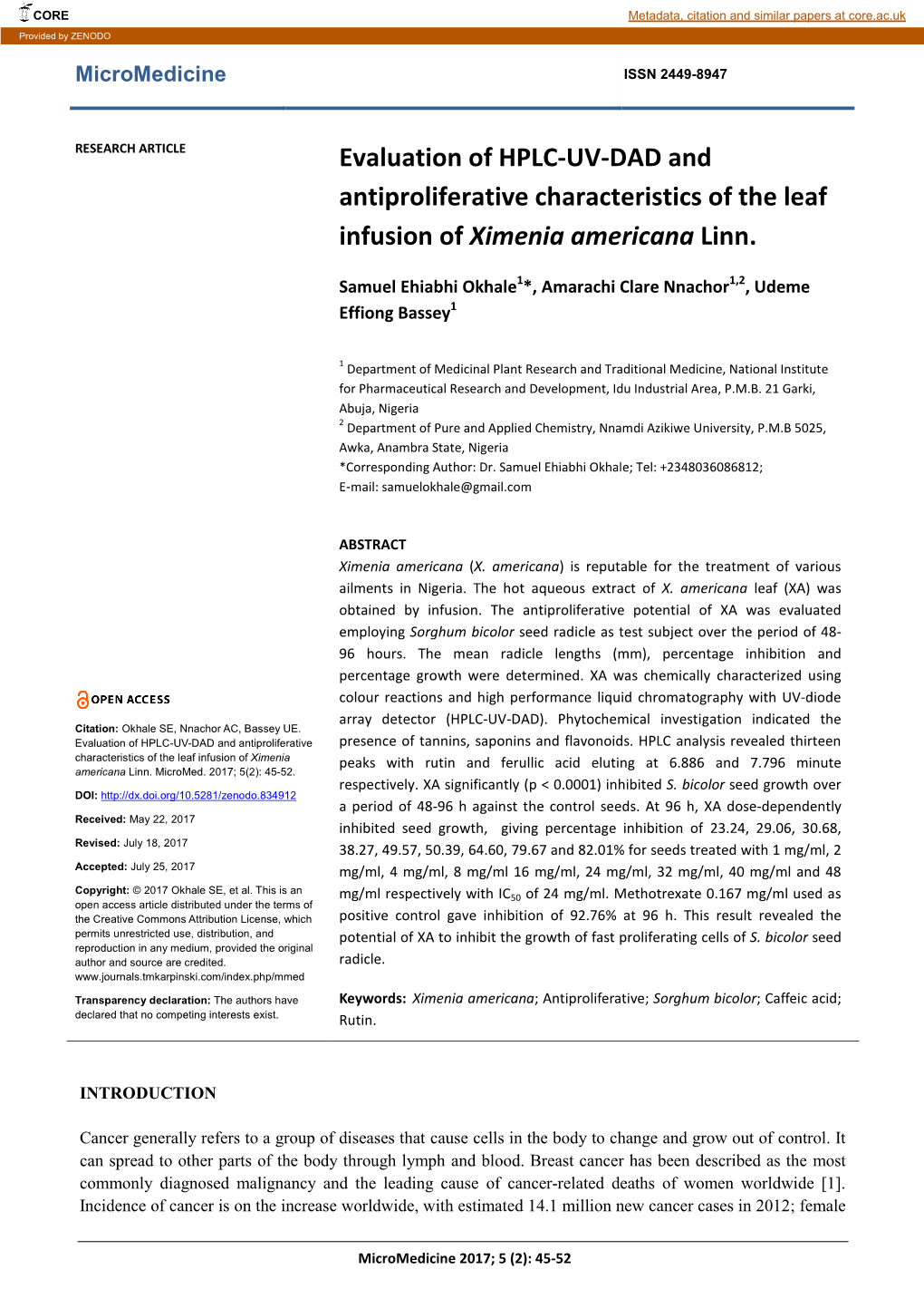 Evaluation of HPLC-UV-DAD and Antiproliferative Characteristics of the Leaf Infusion of Ximenia Americana Linn