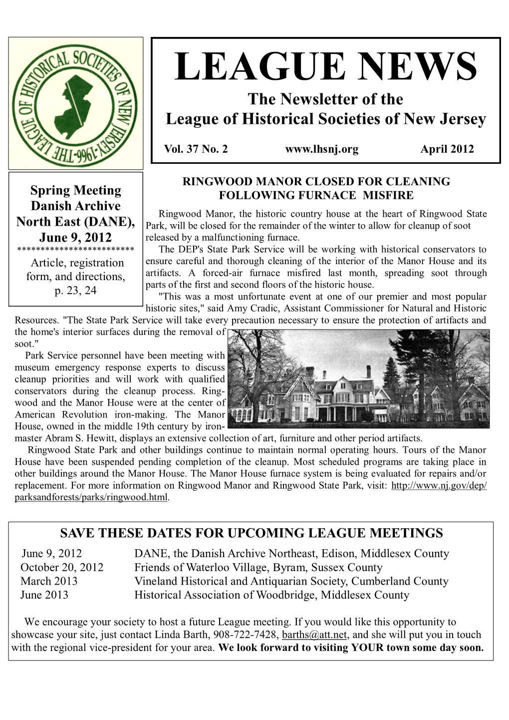 LEAGUE NEWS the Newsletter of the League of Historical Societies of New Jersey
