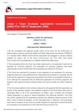 Jones V Toben (Includes Explanatory Memorandum) [2002] FCA 1150 (17 September 2002)