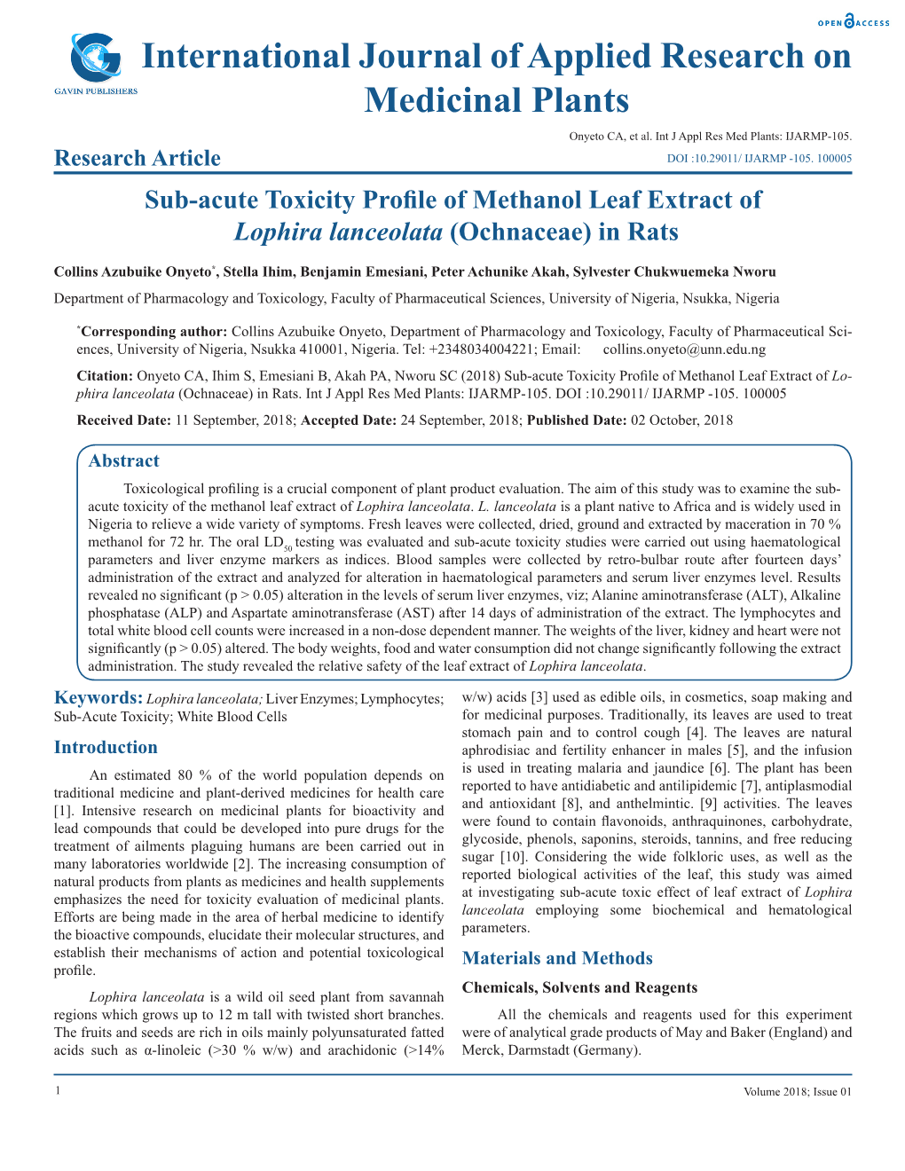 International Journal of Applied Research on Medicinal Plants Onyeto CA, Et Al