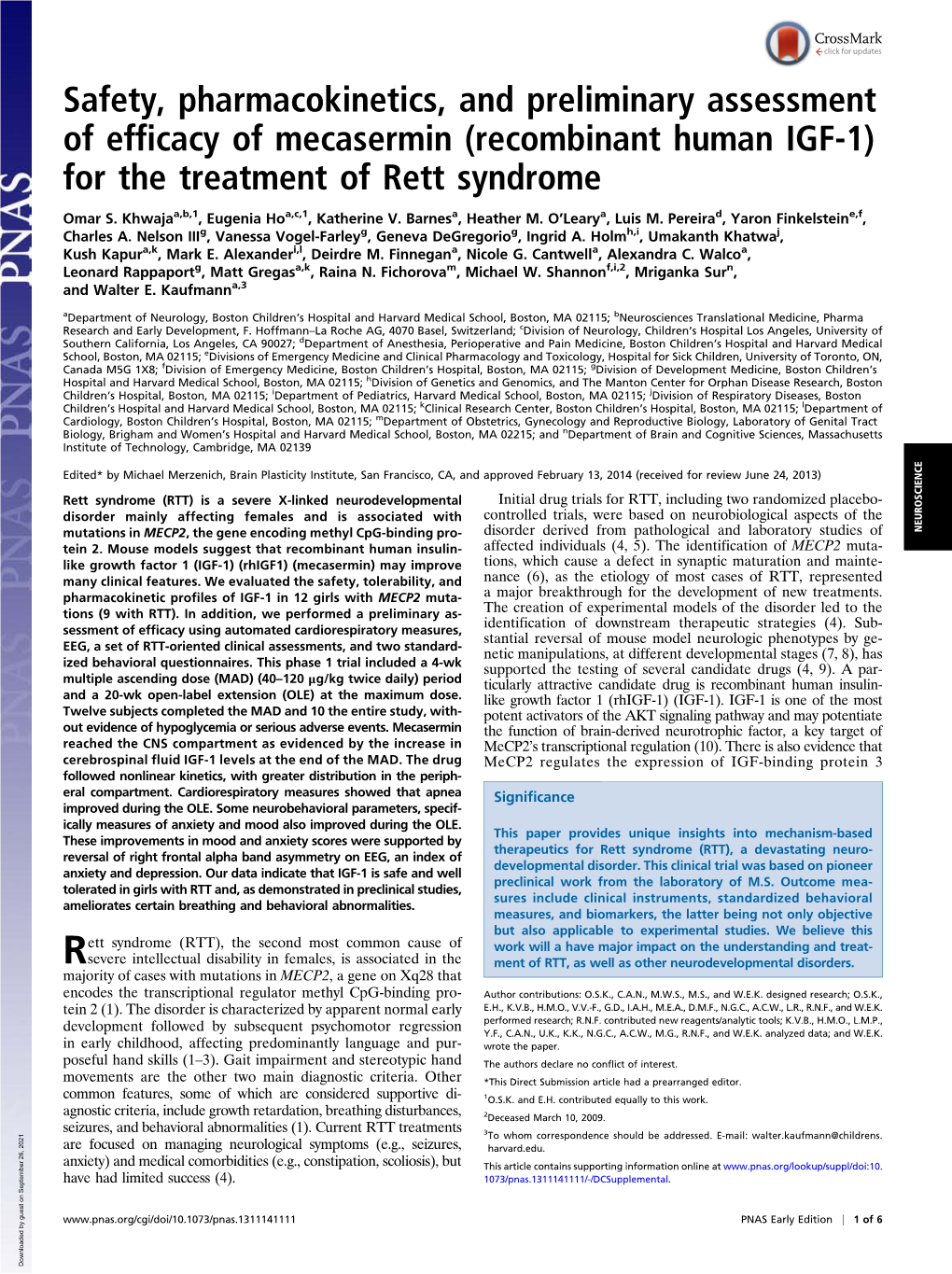Recombinant Human IGF-1) for the Treatment of Rett Syndrome
