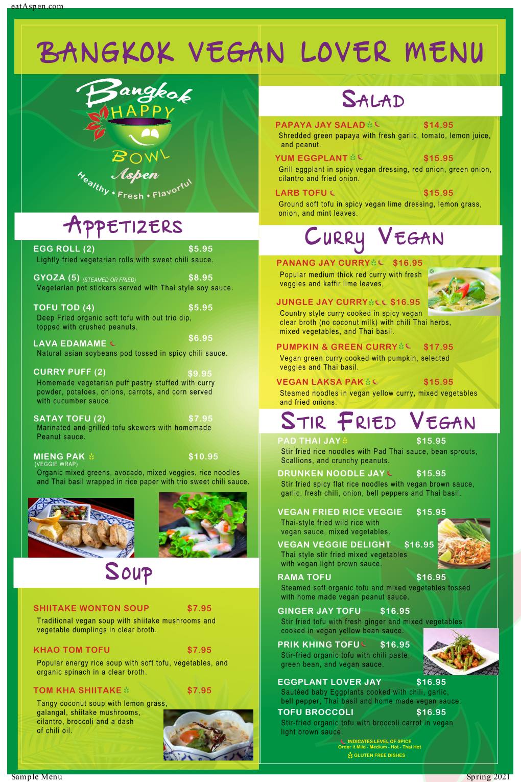 Bangkok Happy Bowl Vegan Menu