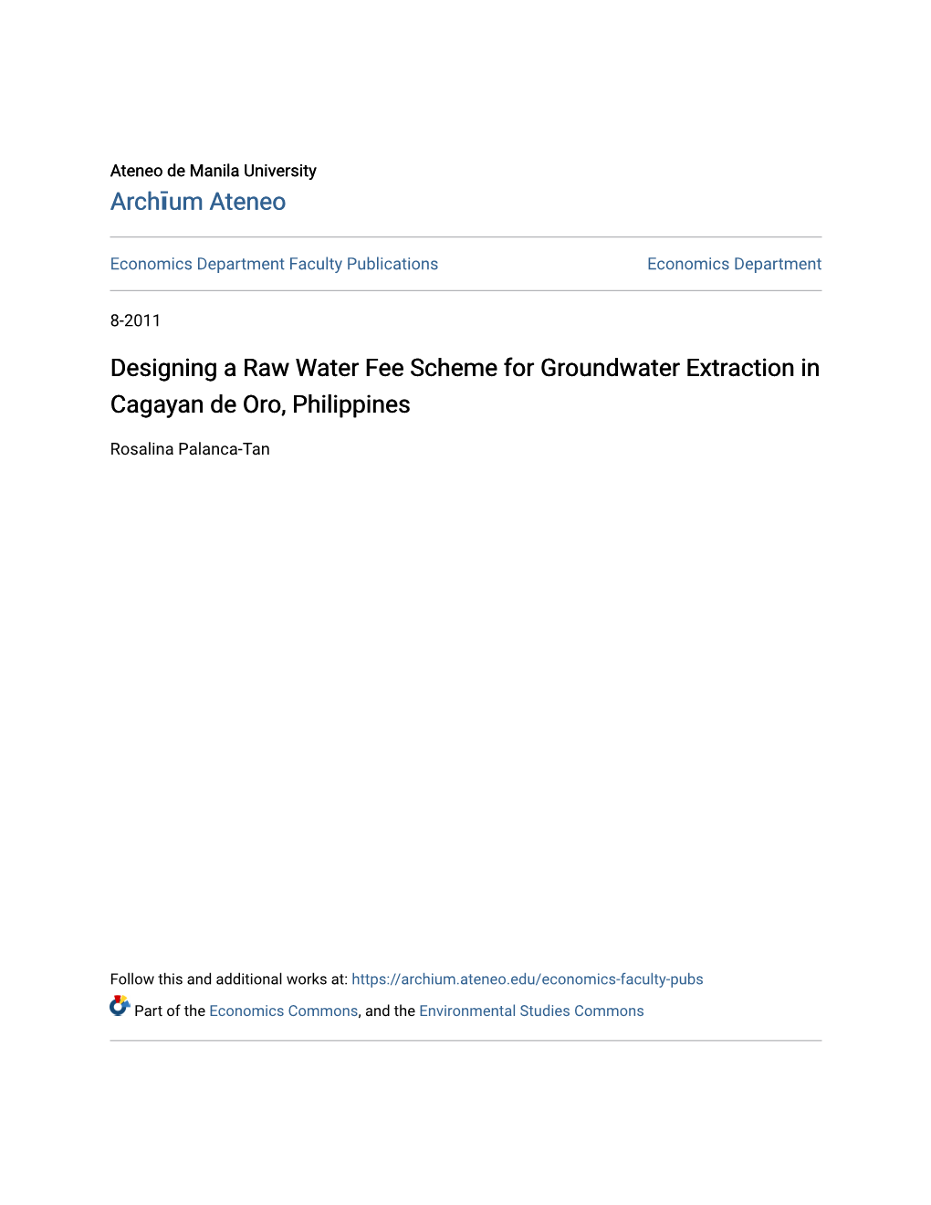 Designing a Raw Water Fee Scheme for Groundwater Extraction in Cagayan De Oro, Philippines