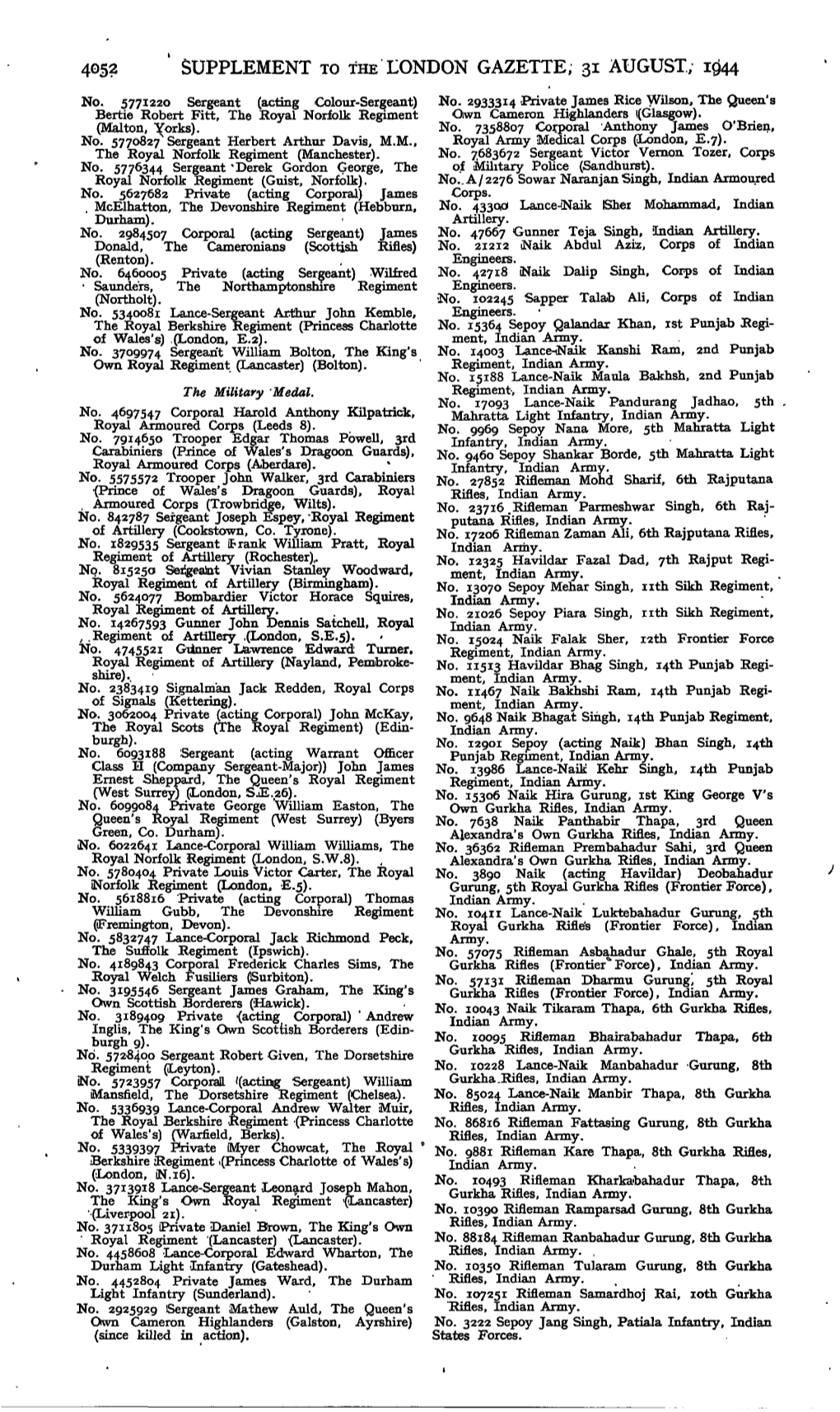 405? SUPPLEMENT to the LONDON GAZETTE; 31 AUGUST, 1944 No