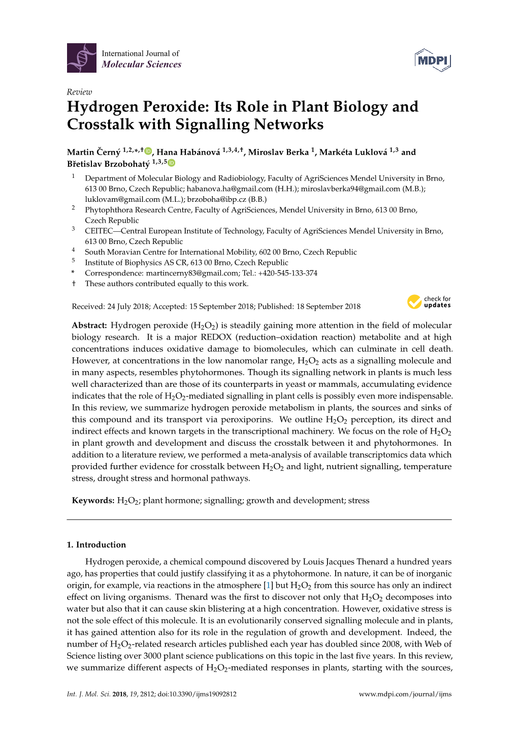 Hydrogen Peroxide: Its Role in Plant Biology and Crosstalk with Signalling Networks