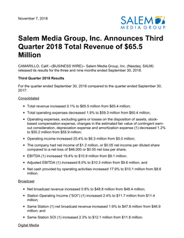 Salem Media Group, Inc. Announces Third Quarter 2018 Total Revenue of $65.5 Million