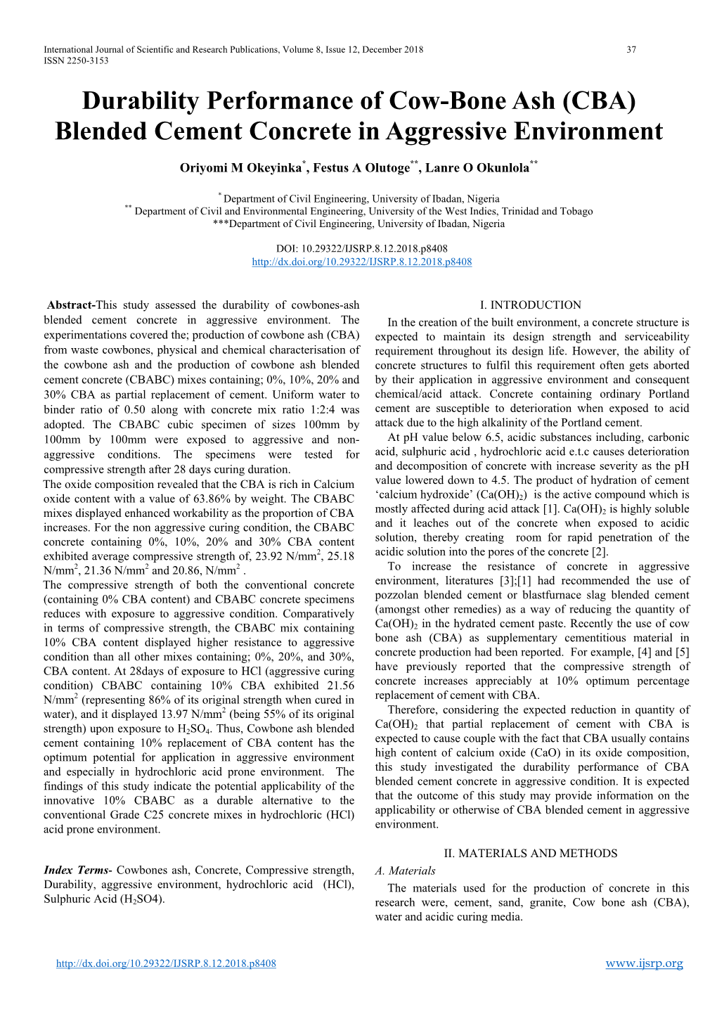 Durability Performance of Cow-Bone Ash (CBA) Blended Cement Concrete in Aggressive Environment