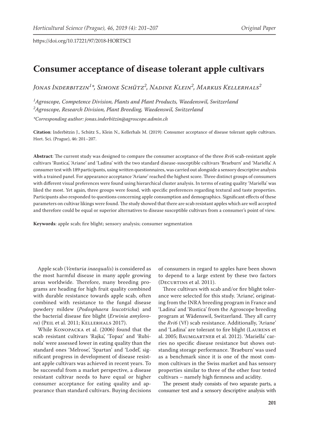 Consumer Acceptance of Disease Tolerant Apple Cultivars