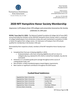 2020 NFF Hampshire Honor Society Membership Impressive 1,472 Players from 370 Colleges and Universities Honored As the Society Celebrates Its 14Th Year