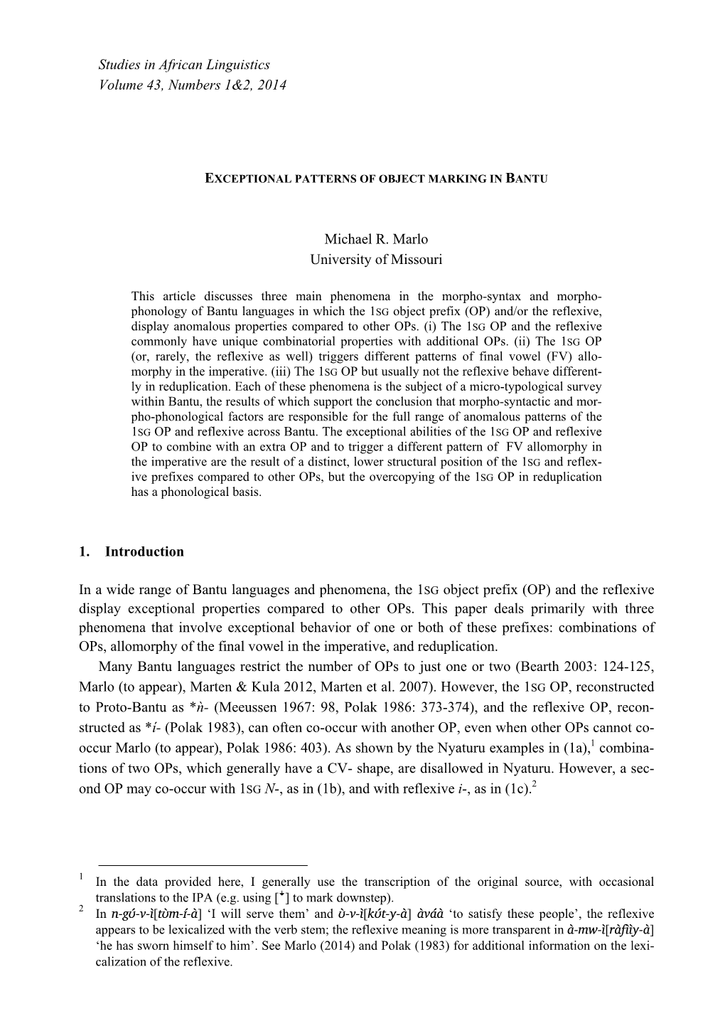 Studies in African Linguistics Volume 43, Numbers 1&2, 2014 Michael R