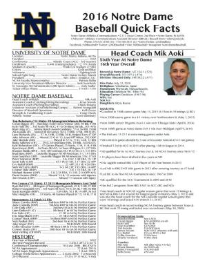 2016 Notre Dame Baseball Quick Facts