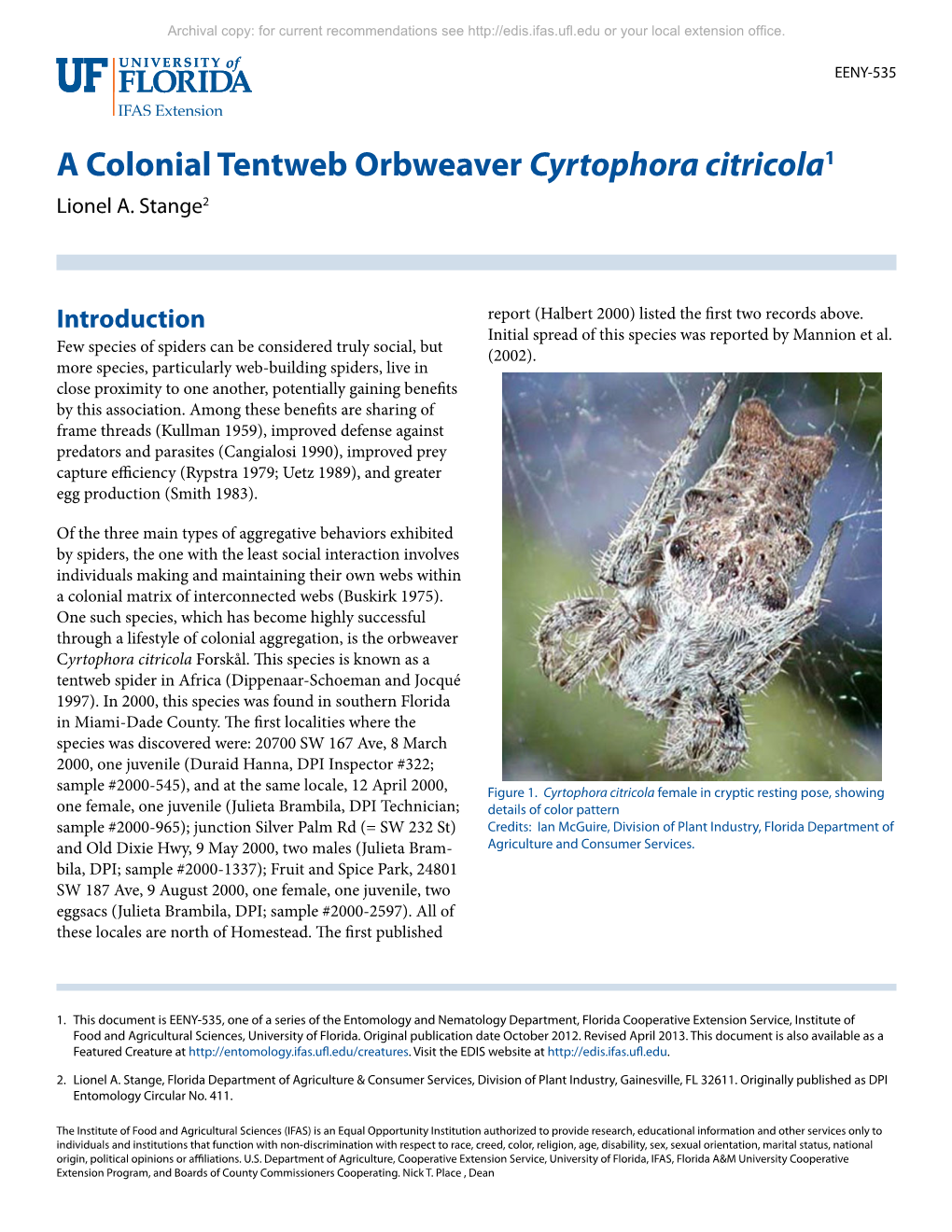 A Colonial Tentweb Orbweaver Cyrtophora Citricola1 Lionel A