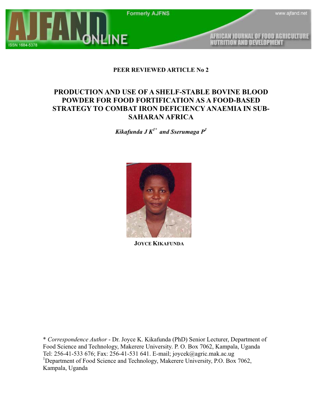 Production and Use of a Shelf-Stable Bovine Blood Powder for Food Fortification As a Food-Based Strategy to Combat Iron Deficiency Anaemia in Sub- Saharan Africa