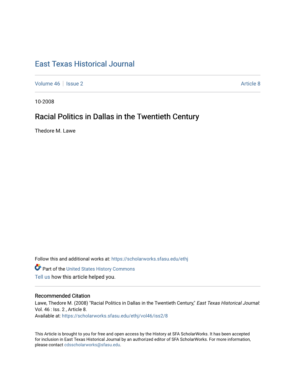 Racial Politics in Dallas in the Twentieth Century