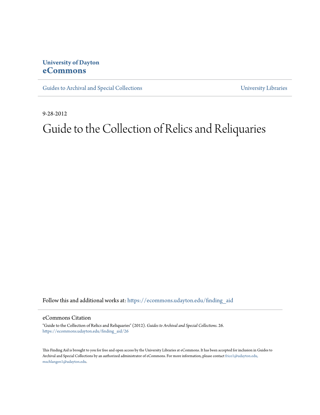 Guide to the Collection of Relics and Reliquaries