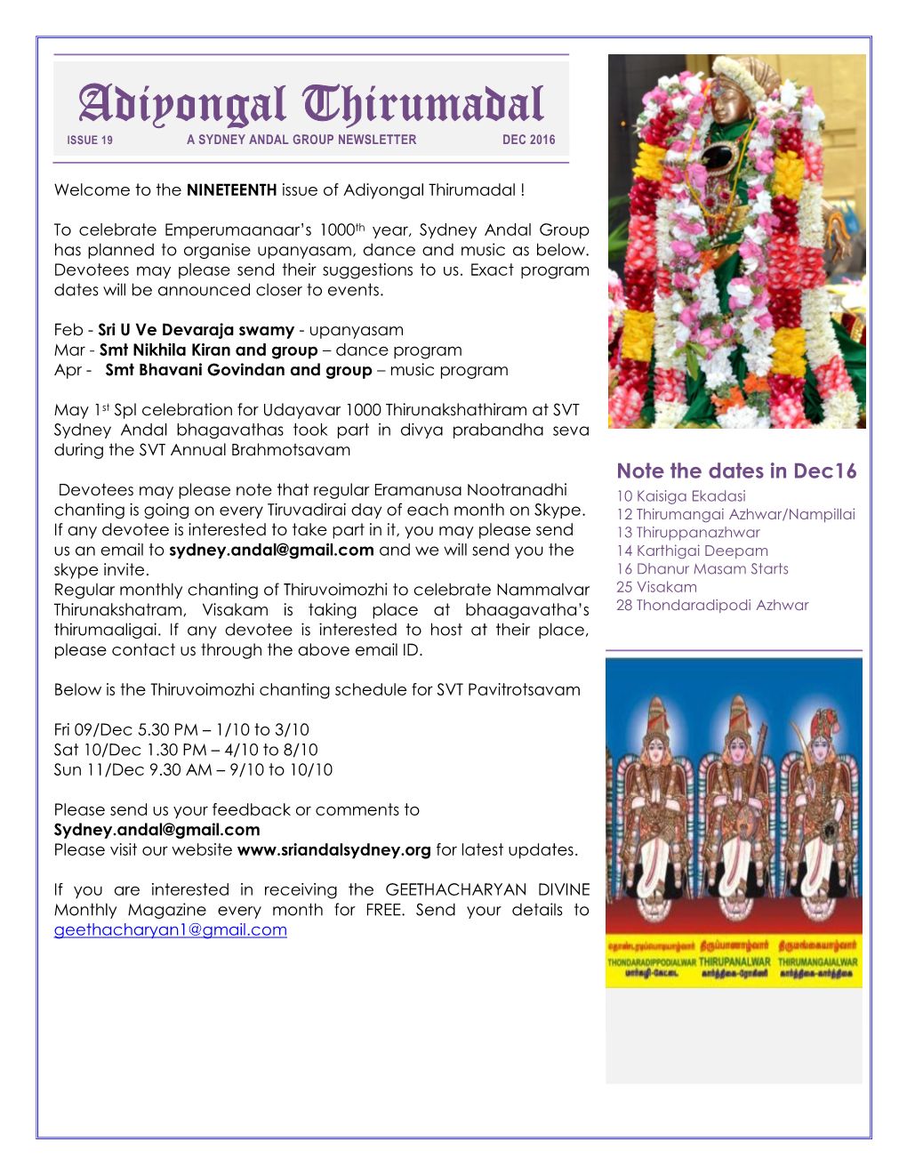 Adiyongal Thirumadal ISSUE 19 a SYDNEY ANDAL GROUP NEWSLETTER DEC 2016