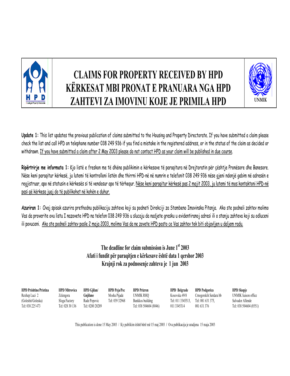 Claims for Property Received by Hpd Kërkesat Mbi Pronat E Pranuara Nga Hpd