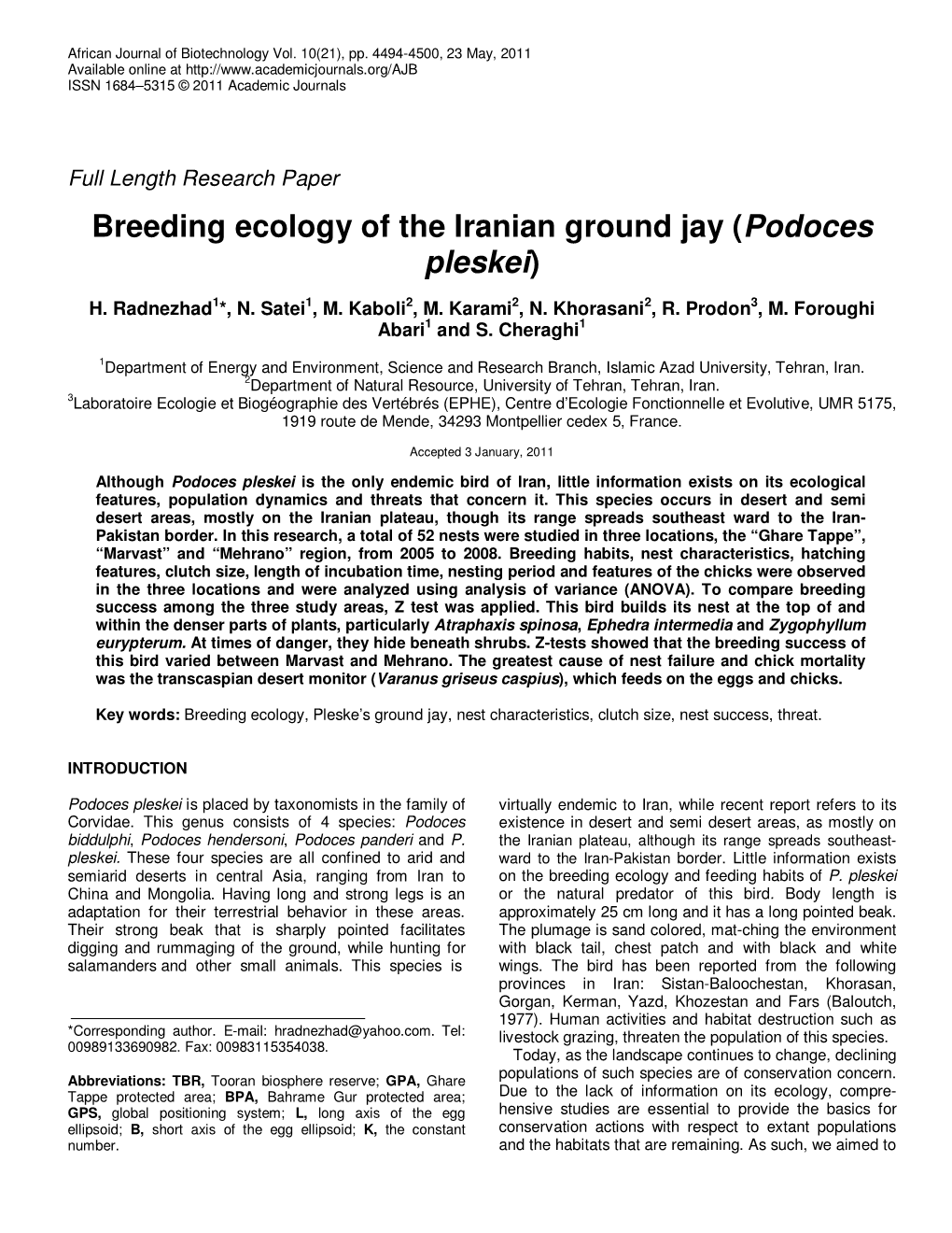 Breeding Ecology of the Iranian Ground Jay (Podoces Pleskei)