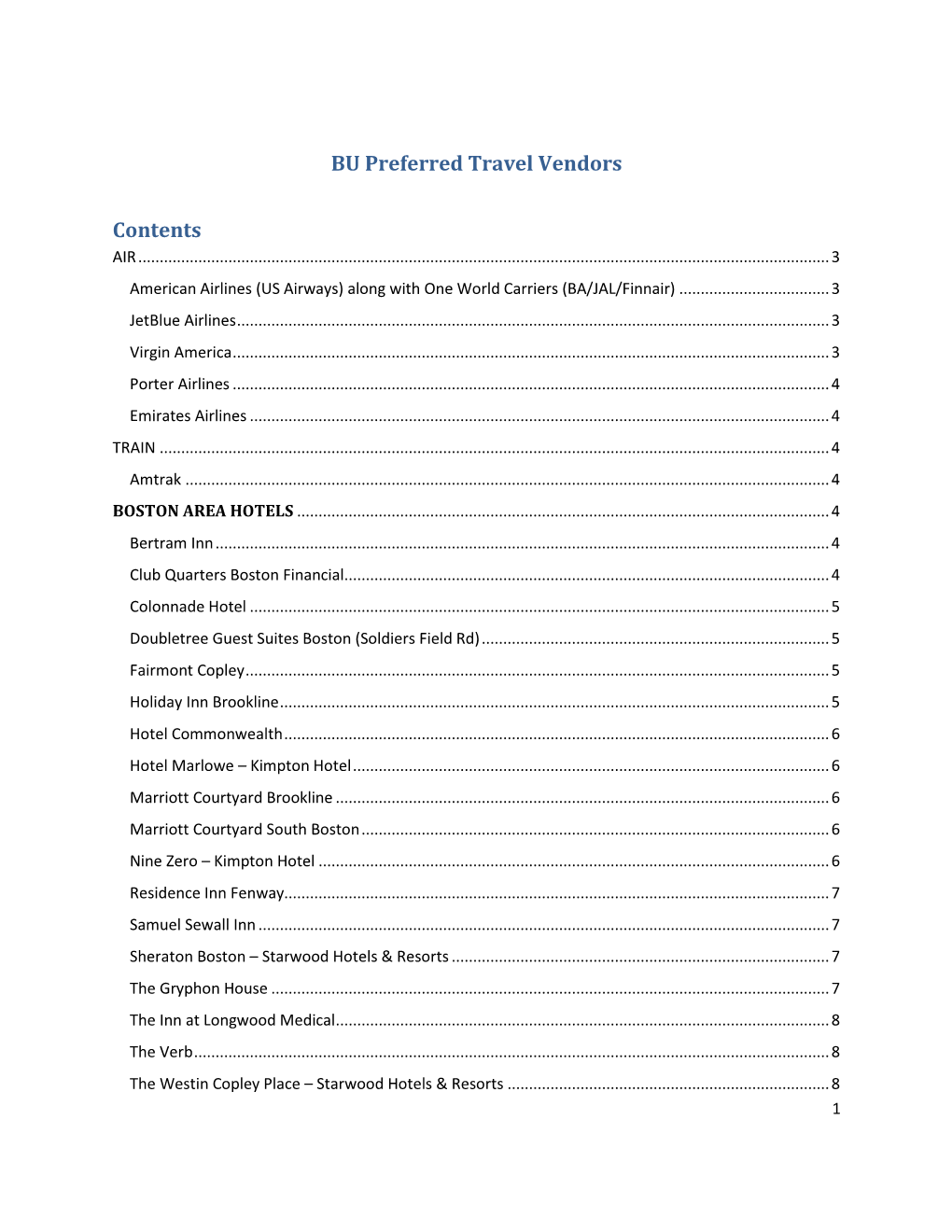 BU Preferred Travel Vendors Contents