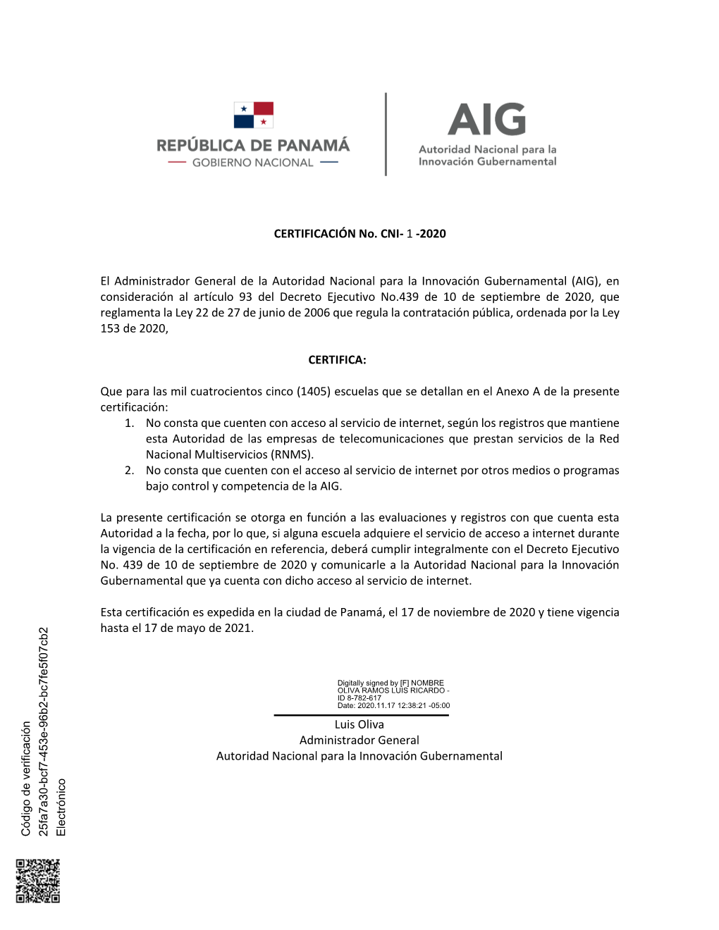 CERTIFICACIÓN No. CNI- 1 -2020