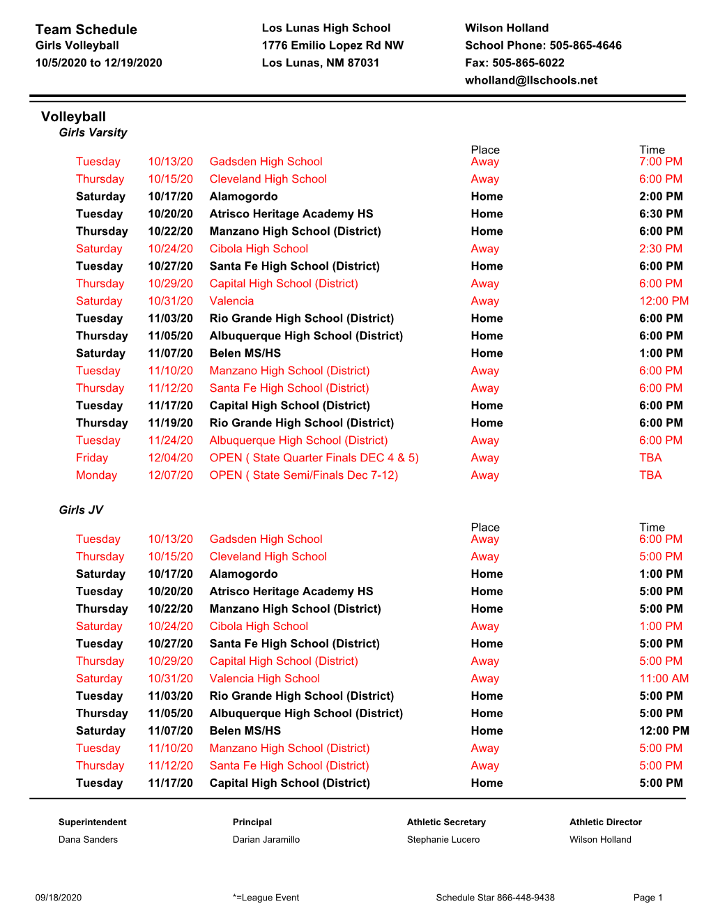 Team Schedule Volleyball