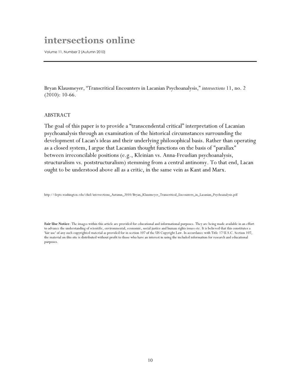 Transcritical Encounters in Lacanian Psychoanalysis,” Intersections 11, No