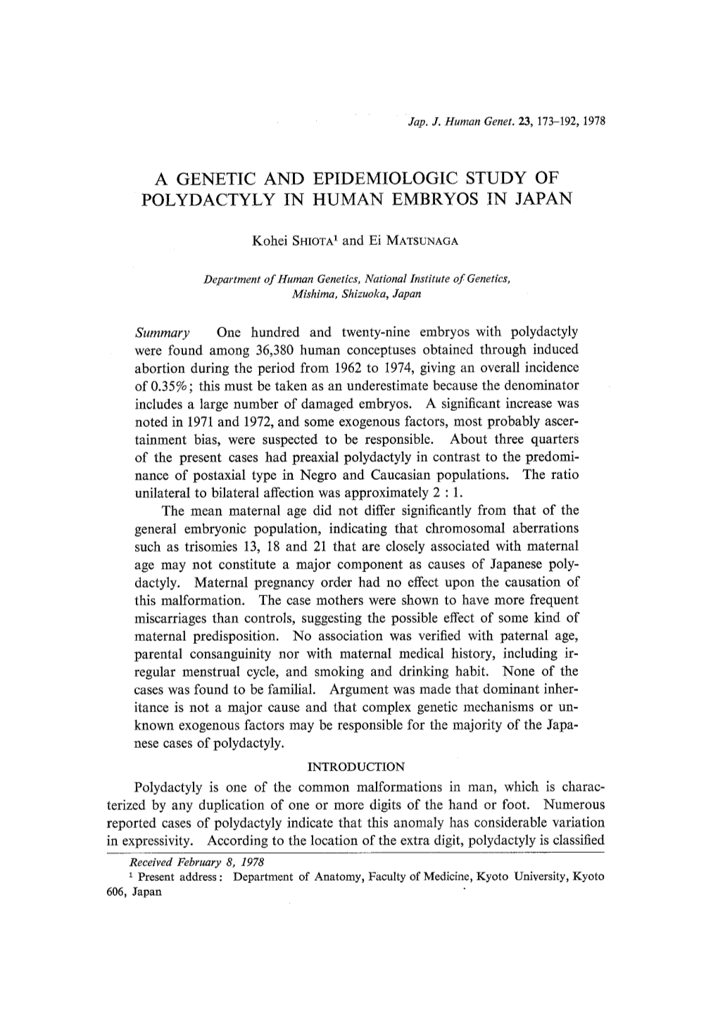 A Genetic and Epidemiologic Study of Polydactyly in Human Embryos in Japan