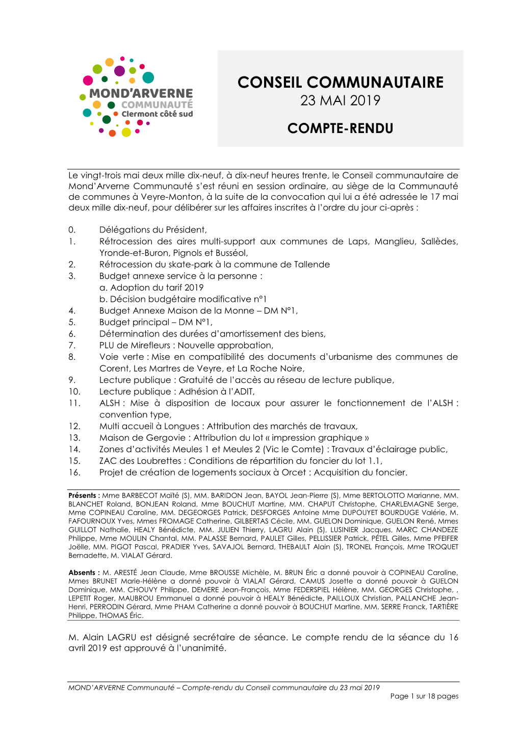 Conseil Communautaire 23 Mai 2019