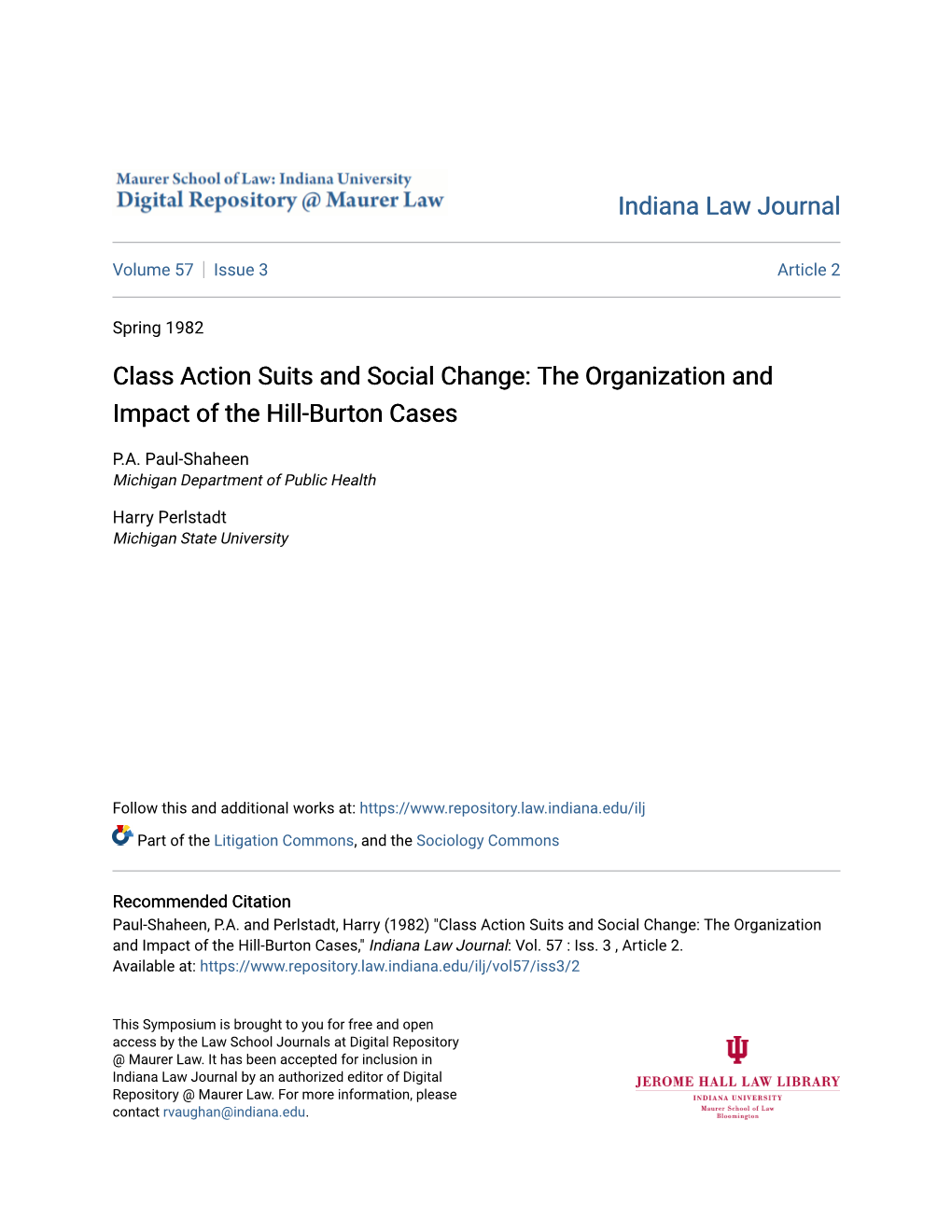 Class Action Suits and Social Change: the Organization and Impact of the Hill-Burton Cases