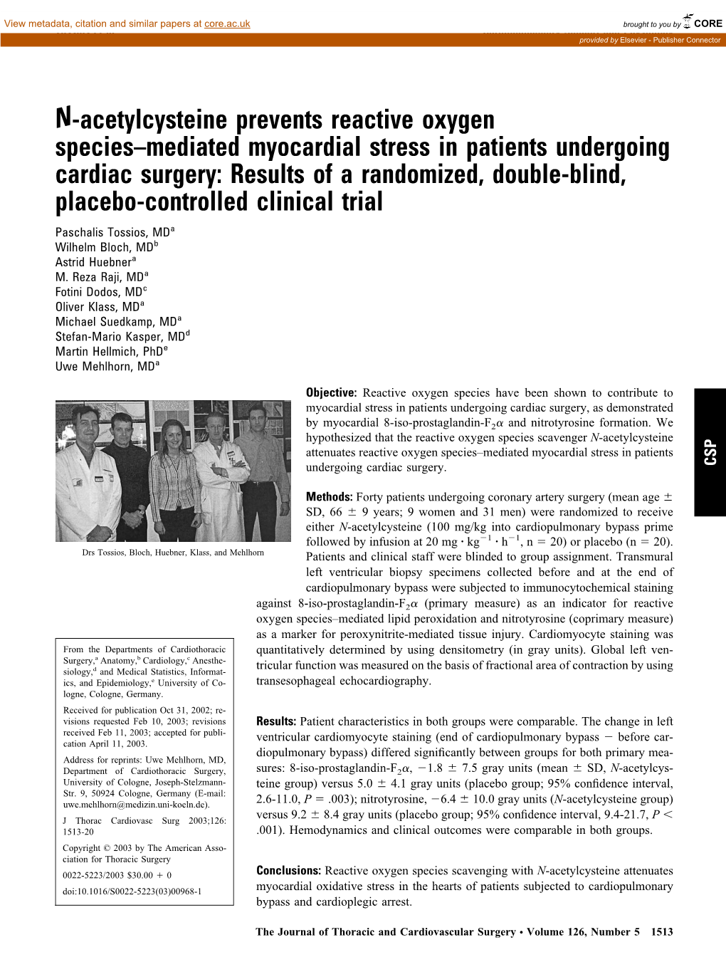 N-Acetylcysteine Prevents Reactive Oxygen Species–Mediated Myocardial Stress in Patients Undergoing Cardiac Surgery