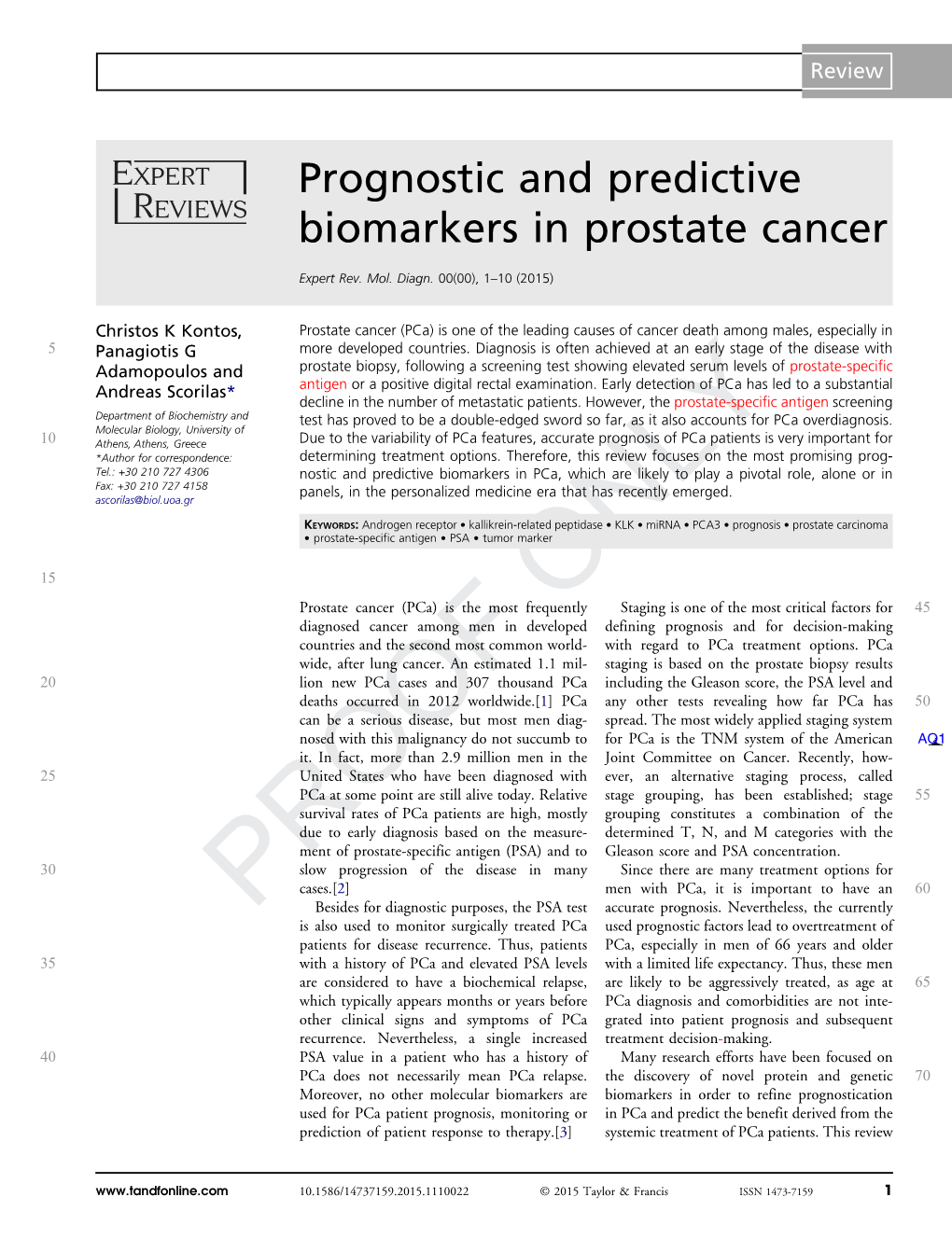 Prognostic and Predictive Biomarkers in Prostate Cancer