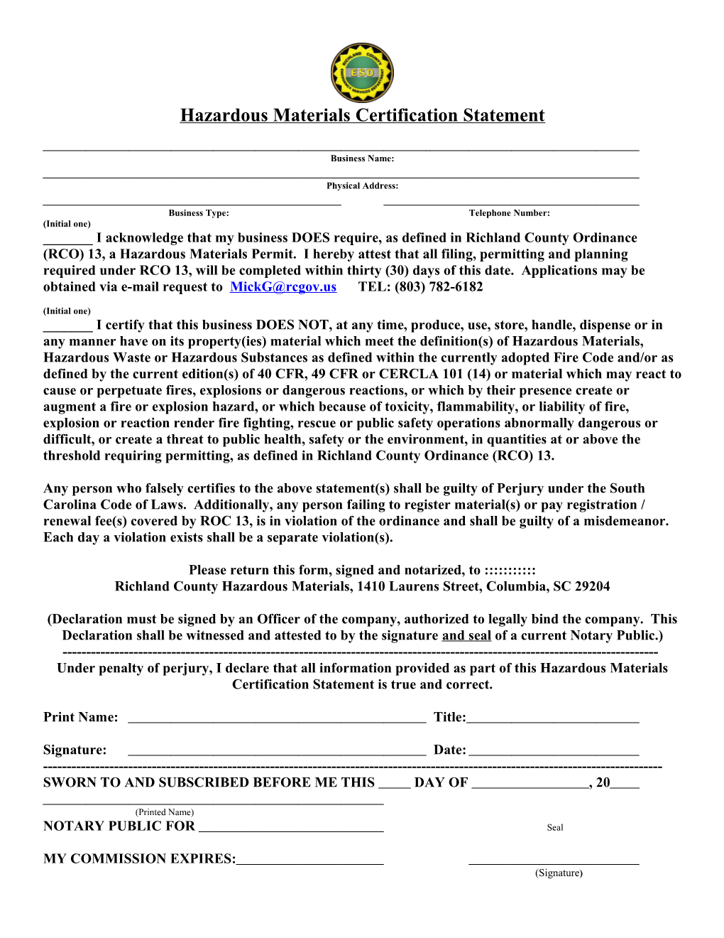 Hazardous Materials Certification Statement