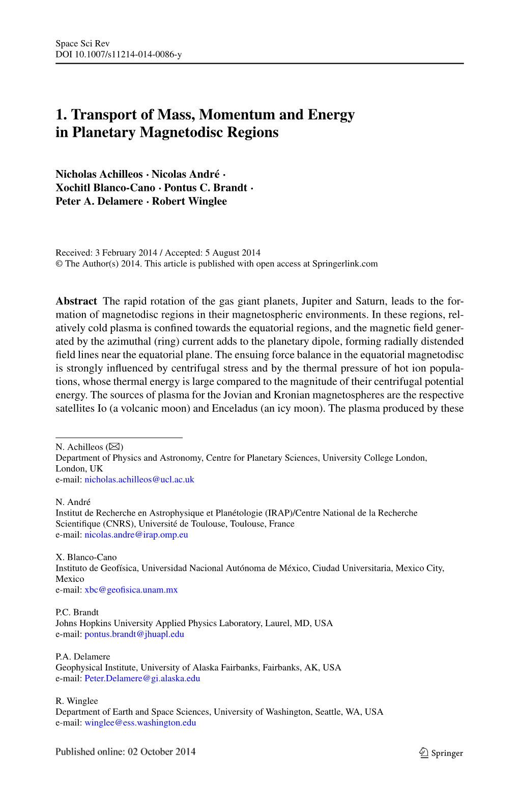 1. Transport of Mass, Momentum and Energy in Planetary Magnetodisc Regions