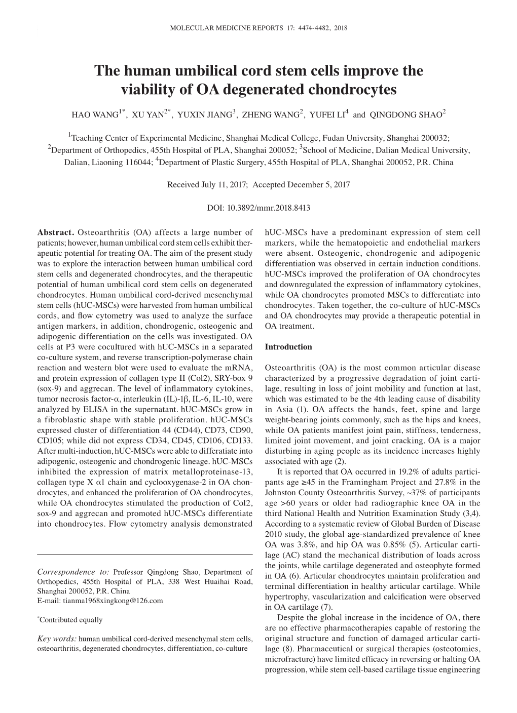 The Human Umbilical Cord Stem Cells Improve the Viability of OA Degenerated Chondrocytes