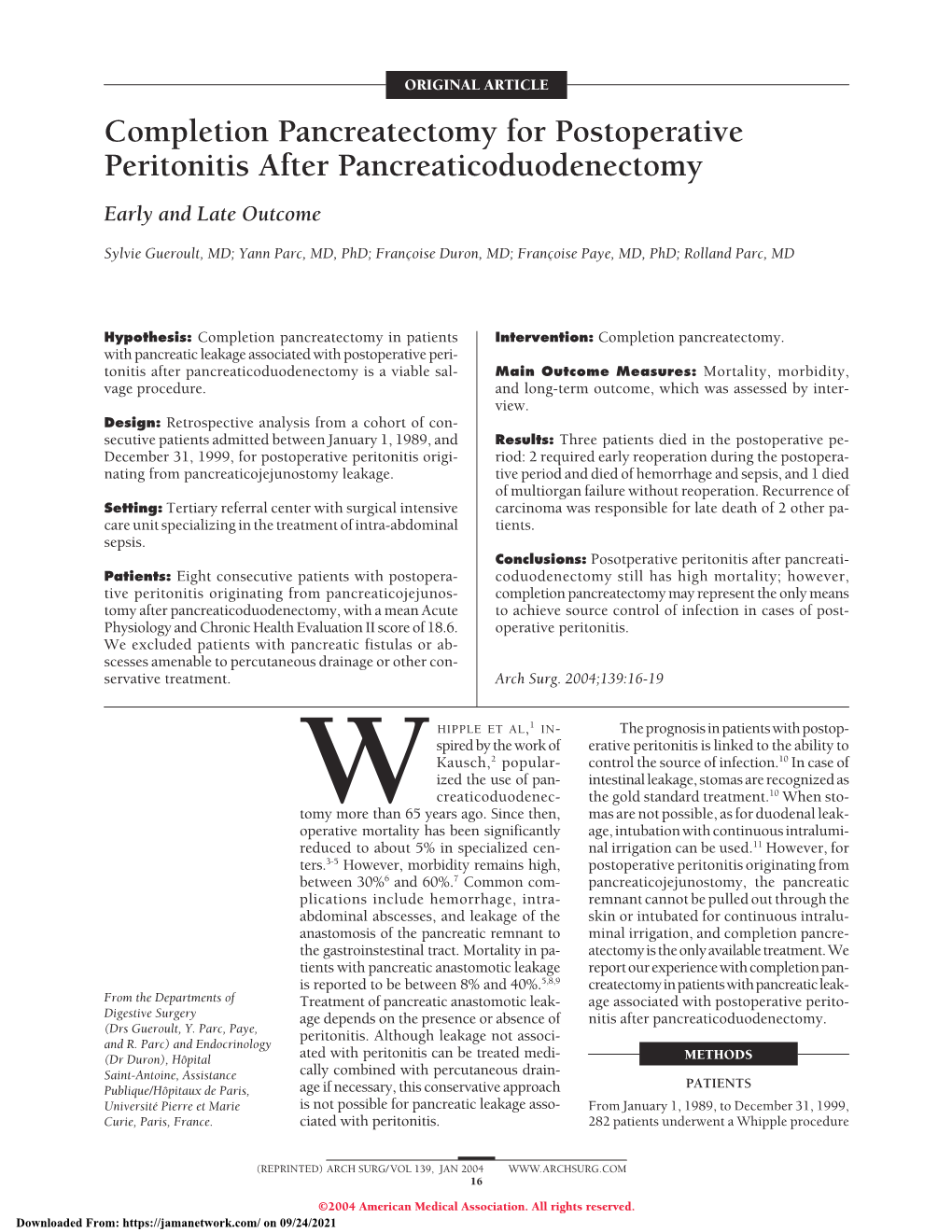 Completion Pancreatectomy for Postoperative Peritonitis After Pancreaticoduodenectomy: Early and Late Outcome