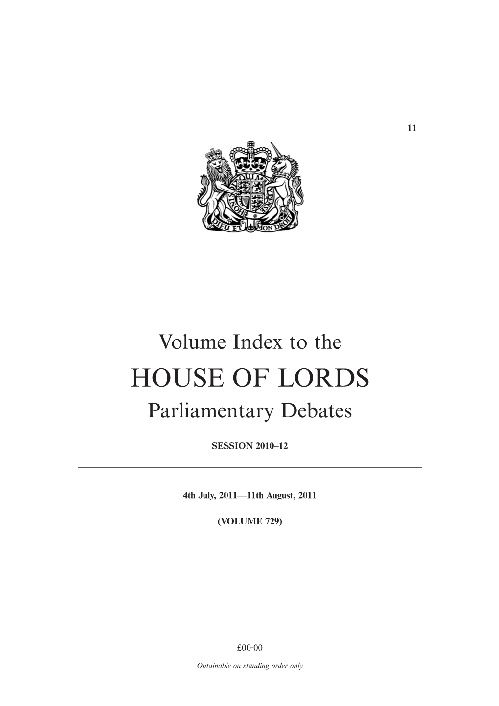 Volume Index to the HOUSE of LORDS Parliamentary Debates
