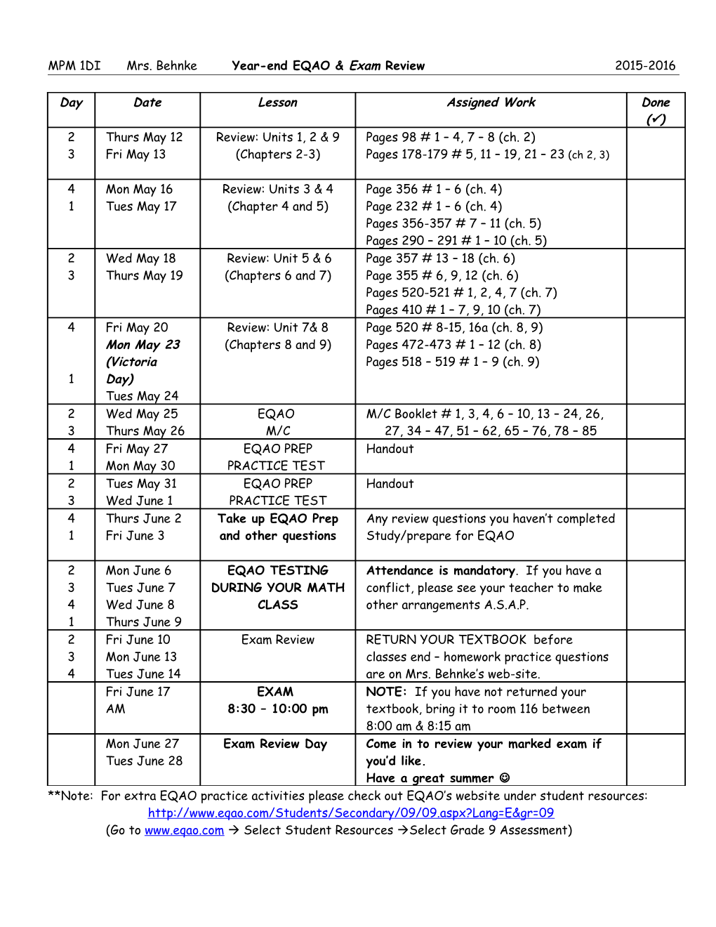 MPM 1DI Mrs. Behnke Year-End EQAO & Exam Review 2015-2016