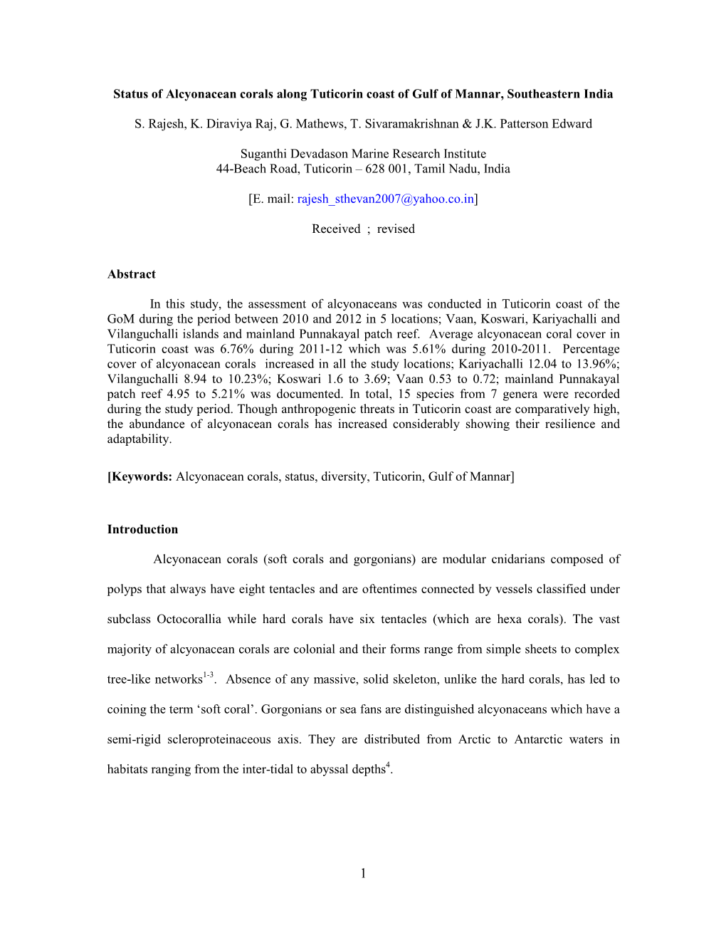 Status of Alcyonacean Corals Along Tuticorin Coast of Gulf of Mannar, Southeastern India