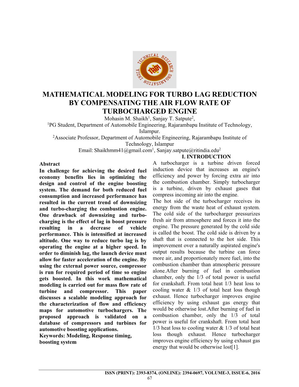 MATHEMATICAL MODELING for TURBO LAG REDUCTION by COMPENSATING the AIR FLOW RATE of TURBOCHARGED ENGINE Mohasin M