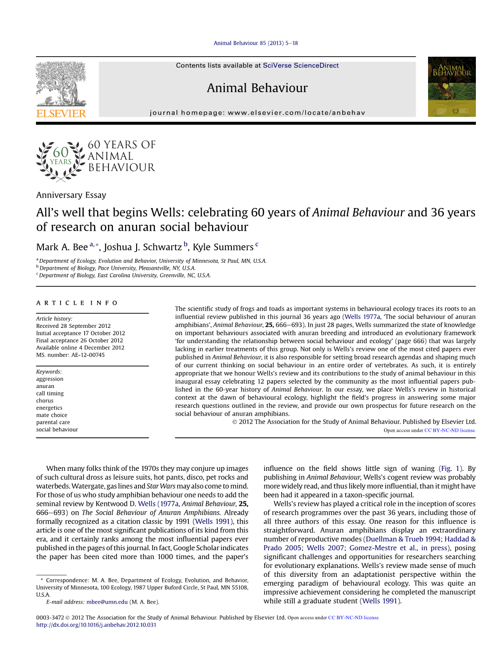 Celebrating 60 Years of Animal Behaviour and 36 Years of Research on Anuran Social Behaviour
