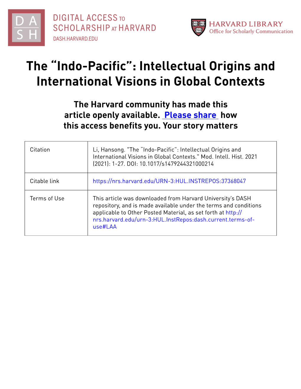 Indo-Pacific”: Intellectual Origins and International Visions in Global Contexts