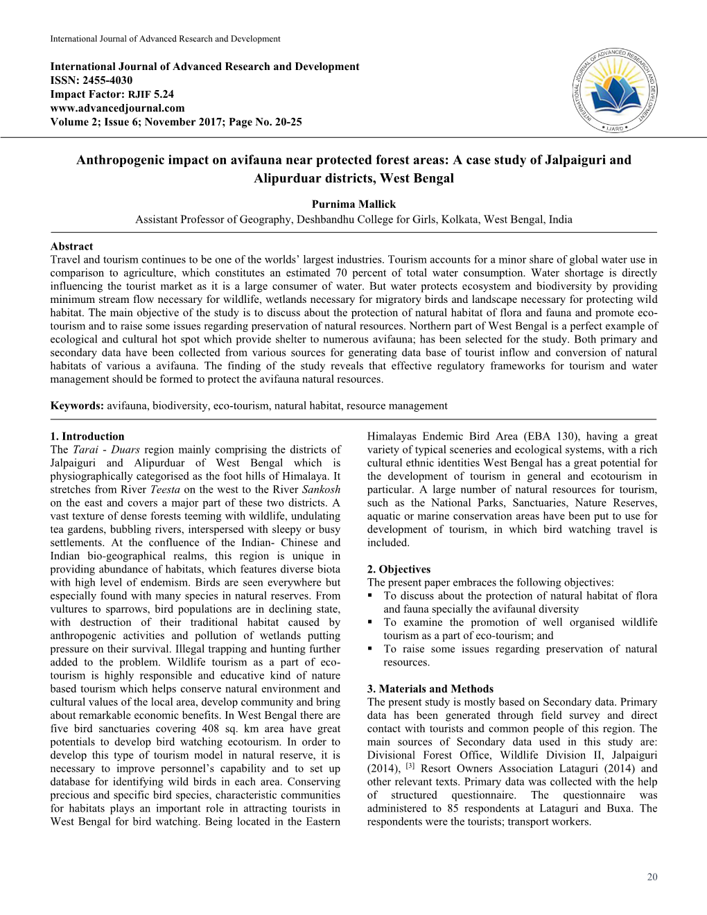 Anthropogenic Impact on Avifauna Near Protected Forest Areas: a Case Study of Jalpaiguri and Alipurduar Districts, West Bengal