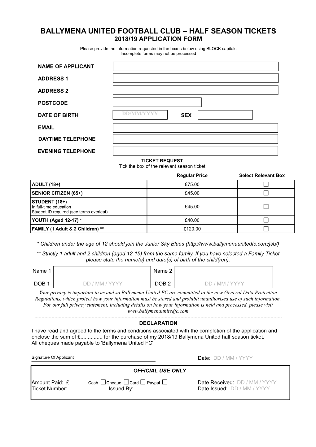 Ballymena United Football Club – Half Season Tickets 2018/19 Application Form