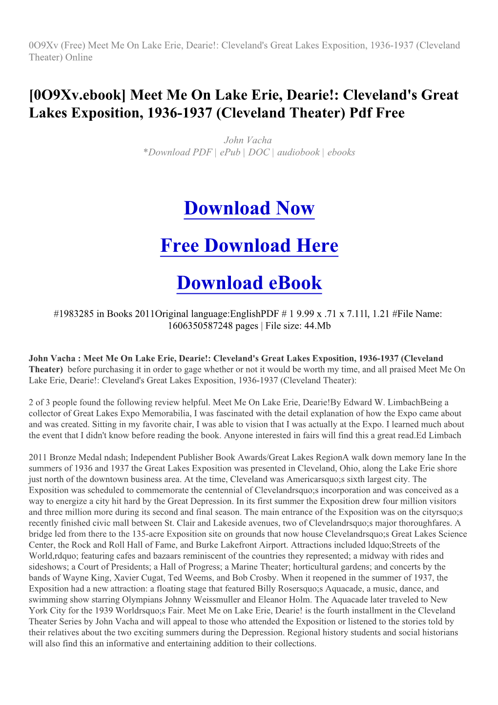 Meet Me on Lake Erie, Dearie!: Cleveland's Great Lakes Exposition, 1936-1937 (Cleveland Theater) Online